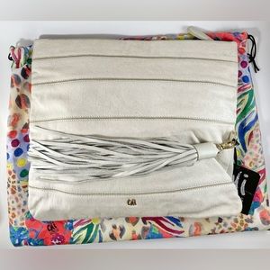 CHI by Carlos Falchi Large Leather & Fur Fringe Clutch in Cream w Dust Bag & Tag